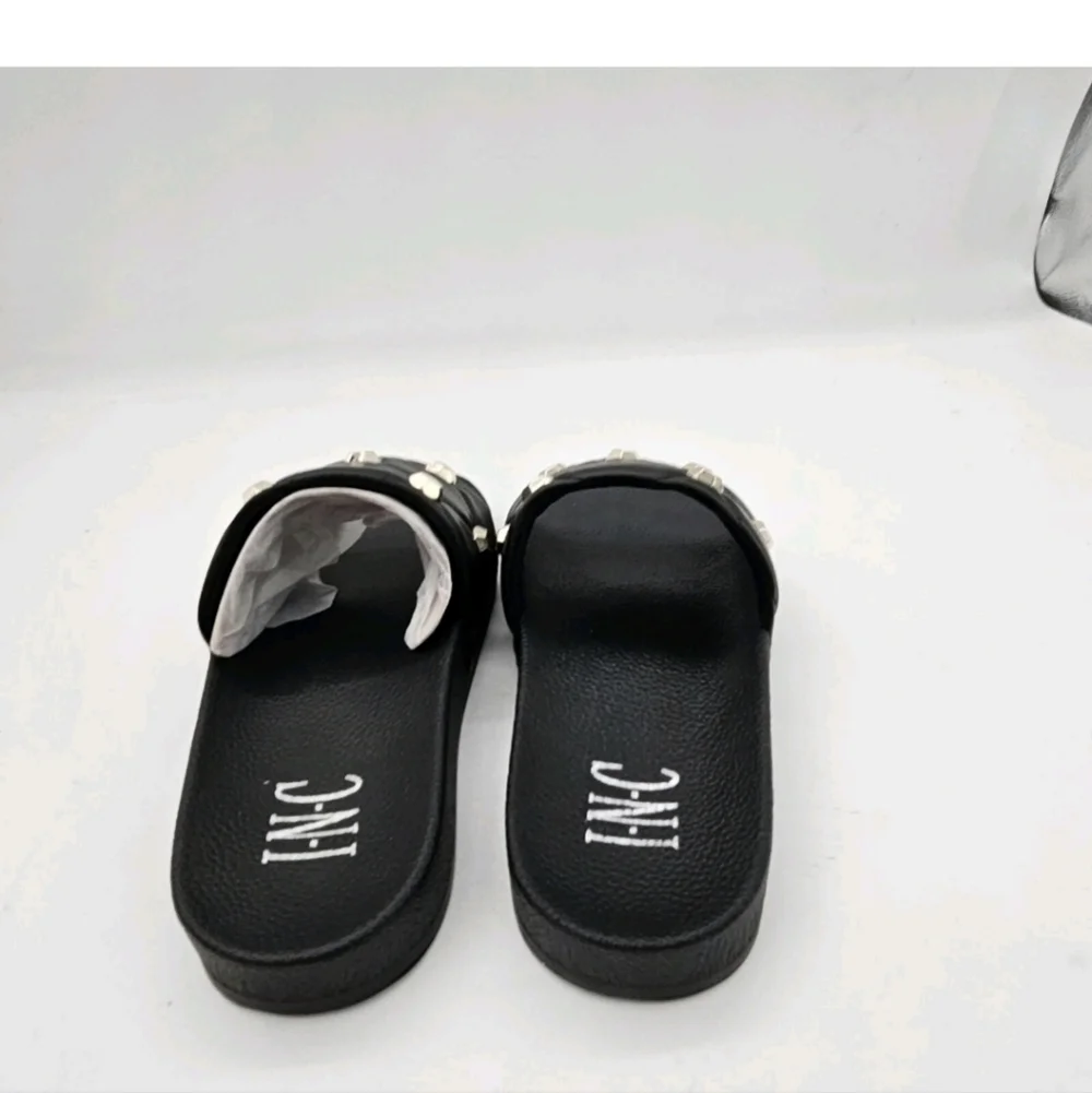 INC Womens Slide Sandals Quilted Peymin Faux Leather Round Toe Slip On Black 6 M